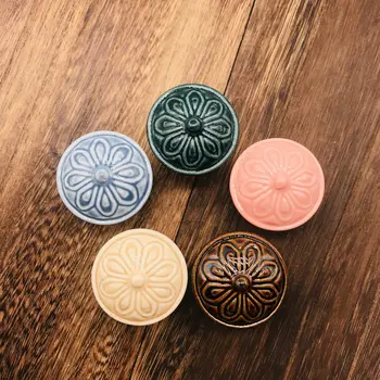 

8x Handmade Ceramic Round Cabinet Door Knobs and Handles Elegant Floral Relief Furnitures Cupboard Wardrobe Drawer Pull Handles