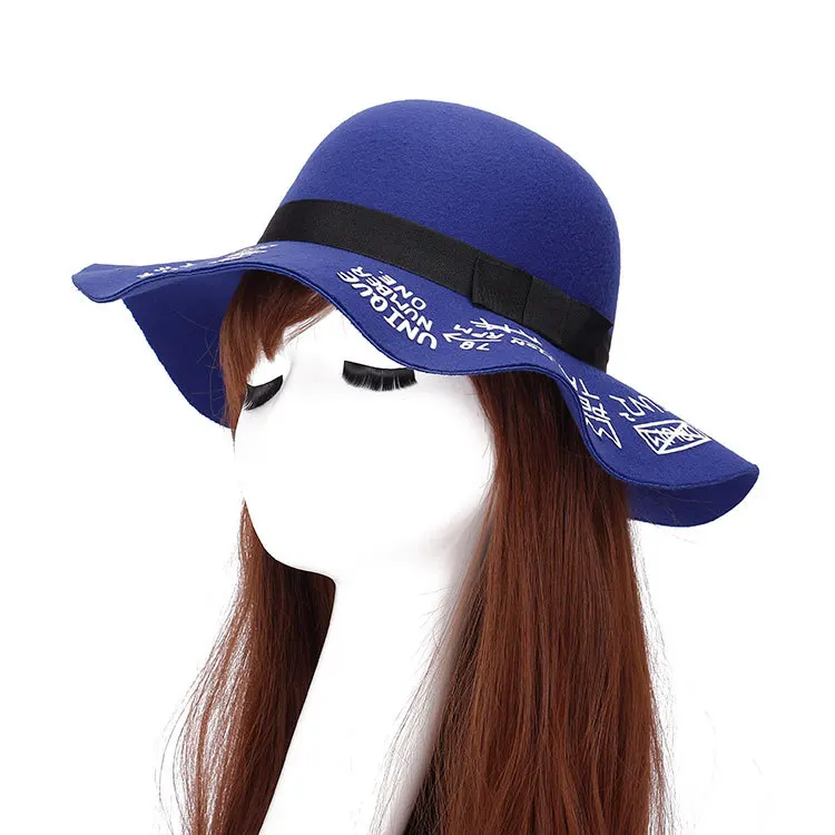 Autumn Winter Summer Fashion Fedoras Vintage Pure Women's Beach Sun Hat Female Waves large Brim Sunbonnet Fedoras lady Sun Hat - Цвет: Royal blue1