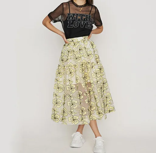 

Flowers Mesh Embroidery Skirt Casual Women A Line High Waist Mid Calf Skirt Yellow Spring Summer