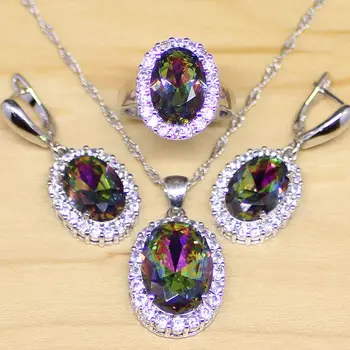 

Mystic Rainbow Fire Cubic Zirconia Jewelry Set Women 925 Sterling Silver Jewelry Wedding Earrings/Pendant/Necklace/Rings T002