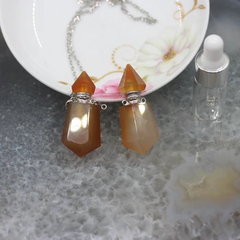

Hexagon Prism Point Red Agates Perfume Bottle Necklace Pendants,Plating Silvers Bails Cut Gems Stone Essential Oil Bottle Charms