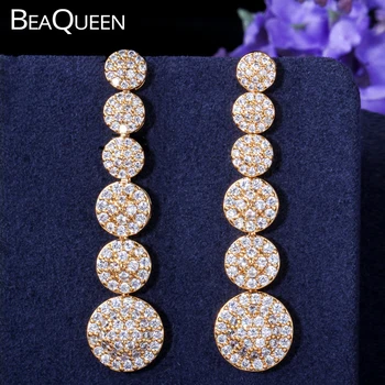 

BeaQueen Stylish Tiny Cubic Zirconia Stones Pave Setting Long Round Drop Earrings Yellow Gold Color Jewelry for Women E047