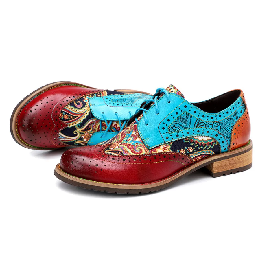2020 New Spring Casual Women Brogues Shoes Handmade Genuine Leather Women Flats Oxfords Shoes Retro Carved Lace Up  Lady Oxfords (5)