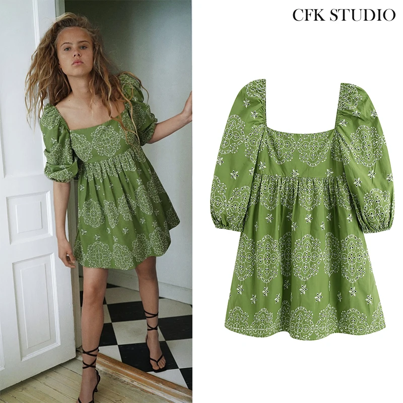 Женское платье для беременных Minidress с квадратным воротником Вышитое пышным