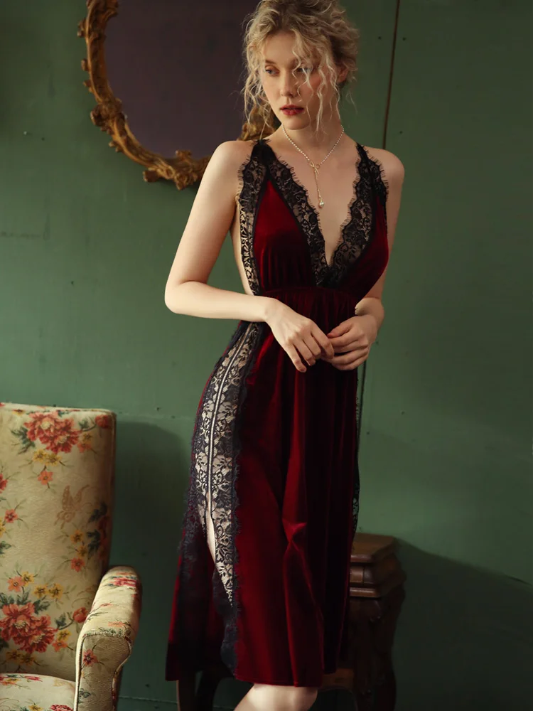 Sexy Nightgown Women Sleepwear Fall/winter Gold Velvet Beauty Back Suspender Dress Lace Side Split Temptation Hot Nightdress women nightgowns women nightdresses sleeping dress