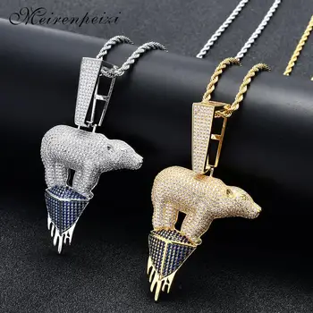 

AAA Polar Bear Pendant CZ Necklaces Gold Silver Color Bling Cubic Zircon Mens Hip hop Necklace Rock Jewelry