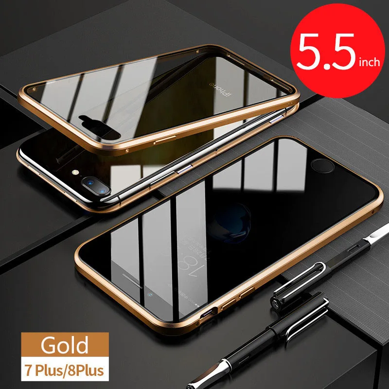 Gold Магнитный металлический чехол для телефона для IPhone 7 8 X XS XR чехол для IPhone 7 8 Plus XS MAX прозрачная Защита задняя крышка противоударный - Цвет: Gold