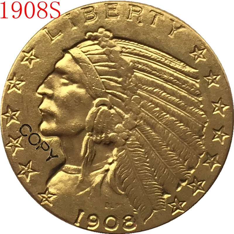 Позолоченная индийская монета с изображением орла 24-к 1908-S $5 | Дом и сад