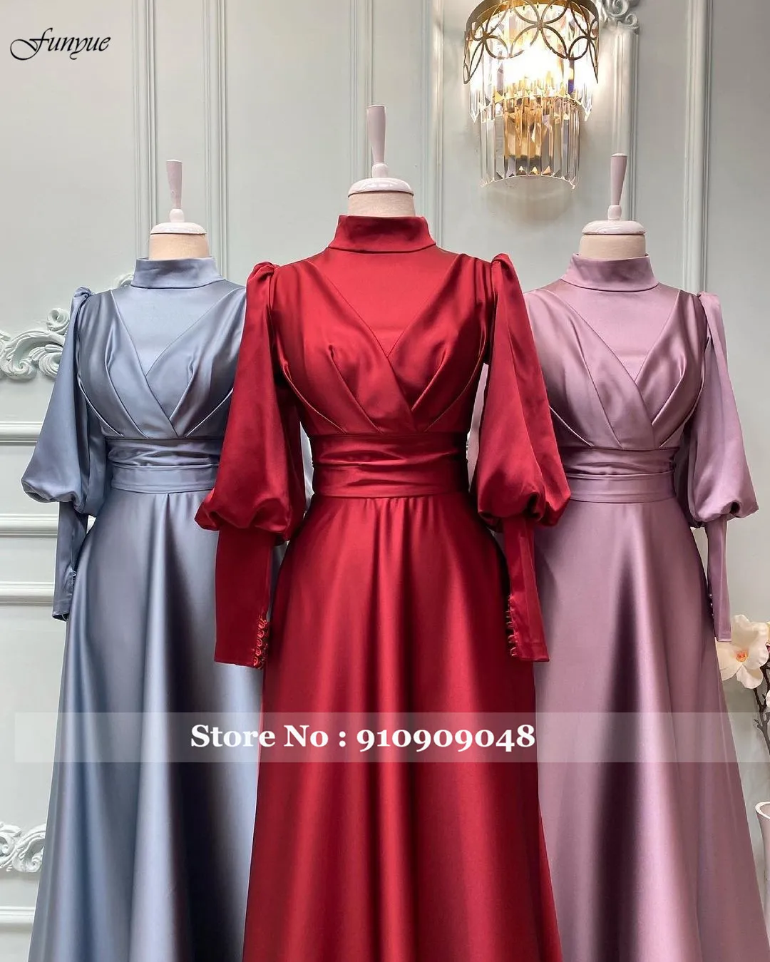 long gown Funyue Elegant A-Line Satin Hijab Evening Gowns Long Sleeve Muslim Formal Dress Simple Abiye Gece Elbisesi Abendkleider 2022 evening wear