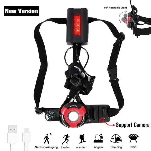 New Black Red WEST для бега и езды на велосипеде светильник 2200 мАч USB зарядка ночное Предупреждение передний нагрудный Светильник Велоспорт Рыбалка Туризм Кемпинг лампа велосипедный светильник - Цвет: New Black Red