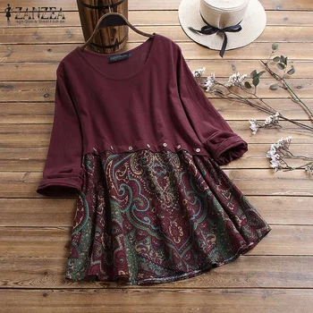 

Women's Printed 2020 ZANZEA Blouse Fashion Stiching Tops Casual Long Sleeve Shirts Female Spring Blusas Button Tunic Plus Size