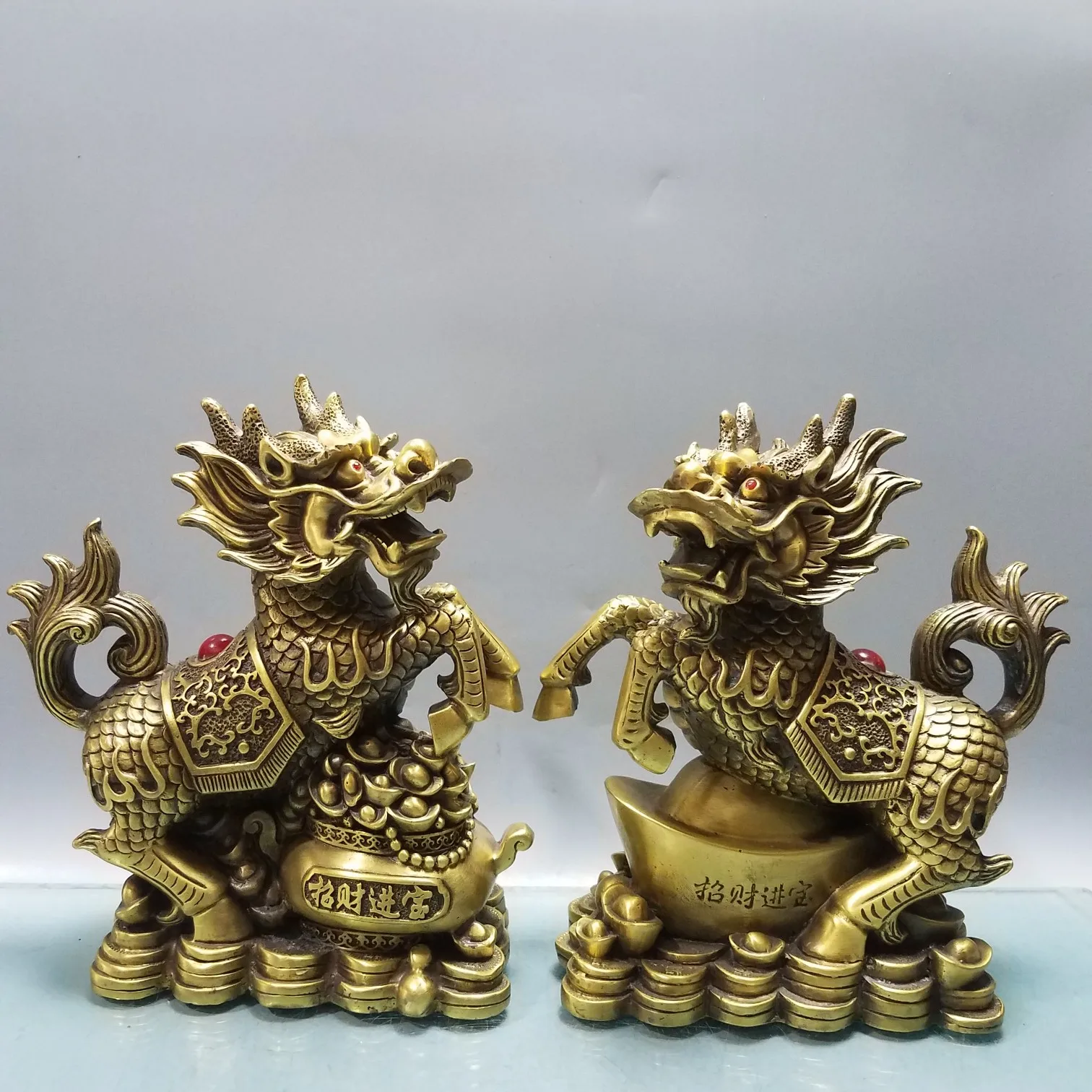 

9"Tibetan Temple Collection Old Bronze Kylin Unicorn Statue A Pair Gatekeeper Lion Dragon head lion body Town House