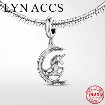 

925 Sterling Silver Handsome unicorn Pegasus Moon crystal CZ Pendant beads Jewelry Making Fit Original Pandora Charms Bracelet