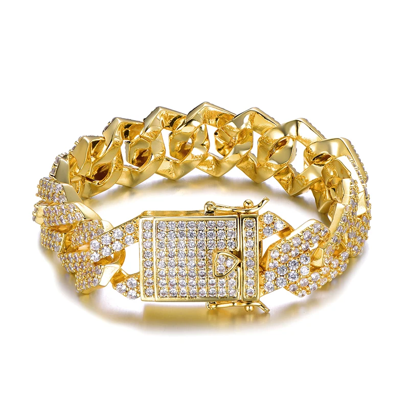 Хип-хоп 18 мм Bling Heavy CZ Iced Out, кубинская звеньевая цепь, полный кристалл, мужской браслет, ожерелье для мужчин, рэппер, ювелирное изделие 1"-24" - Окраска металла: Gold Bracelet