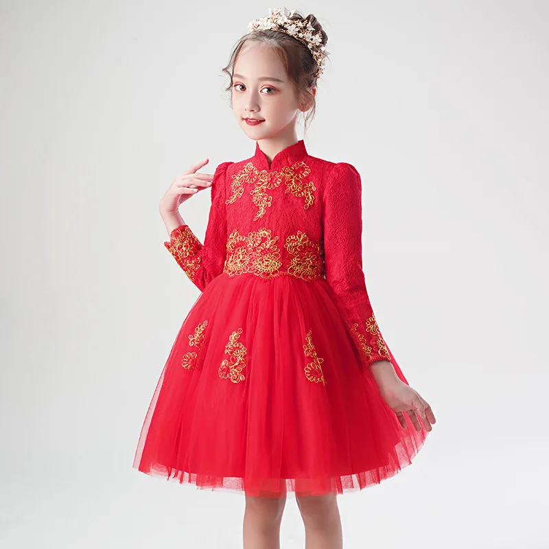 

Cute Chinese Style Cheongsam Red Long Sleeves Girl Dresses Kids Princess Family Event Clothes Children Performance Show Dress