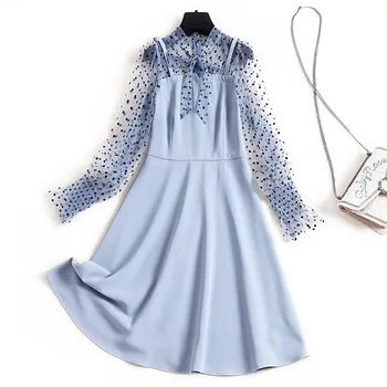 

2020 Spring New Fashion Polka Dot Bow Stand Collar Fake Two Mesh Stitching Raglan Sleeves Plus Size Dress Women