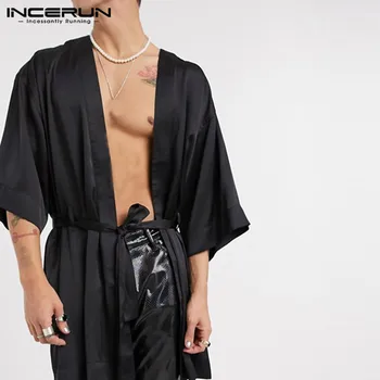 

Man Bathrobes INCERUN Men Fashion Sleep Robes Leisure Solid Color Cardigan Half Sleeve Nightgown Sexy Lace Up Cozy Homewear 5XL