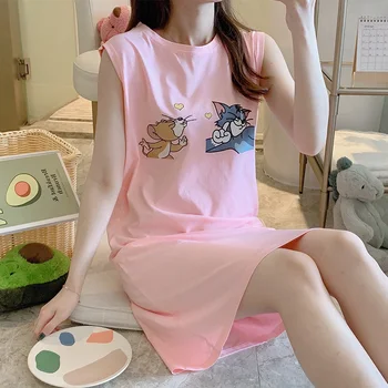 

Summer Brand Women Nightgown Cartoon Tom Jerry Print Cotton Nightdress Loose Sleeveless Sleepwear O Neck Femal Long Nightwear