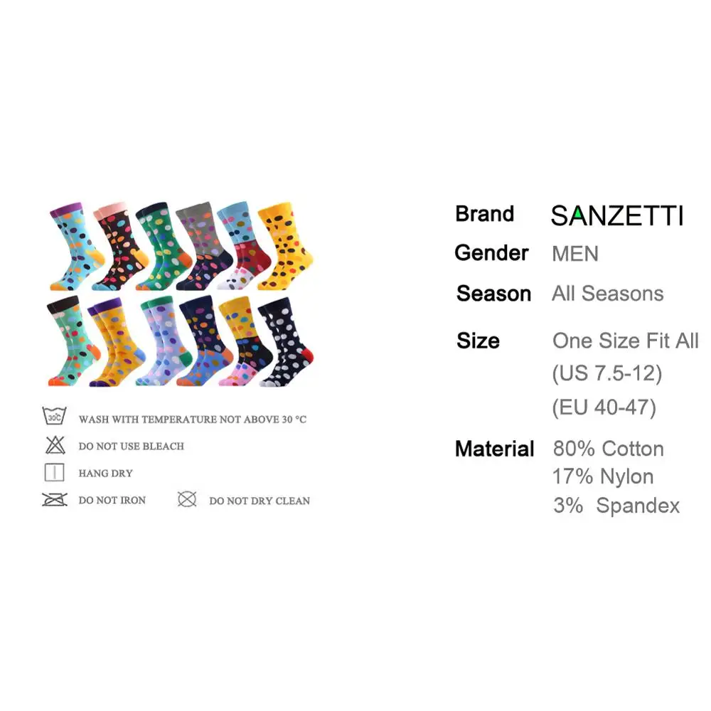 SANZETTI, 12 пар/партия, счастливые хлопковые мужские носки, цветной горошек, хип-хоп, классный уличный стиль, носки для мужчин, подарки на свадьбу, день рождения