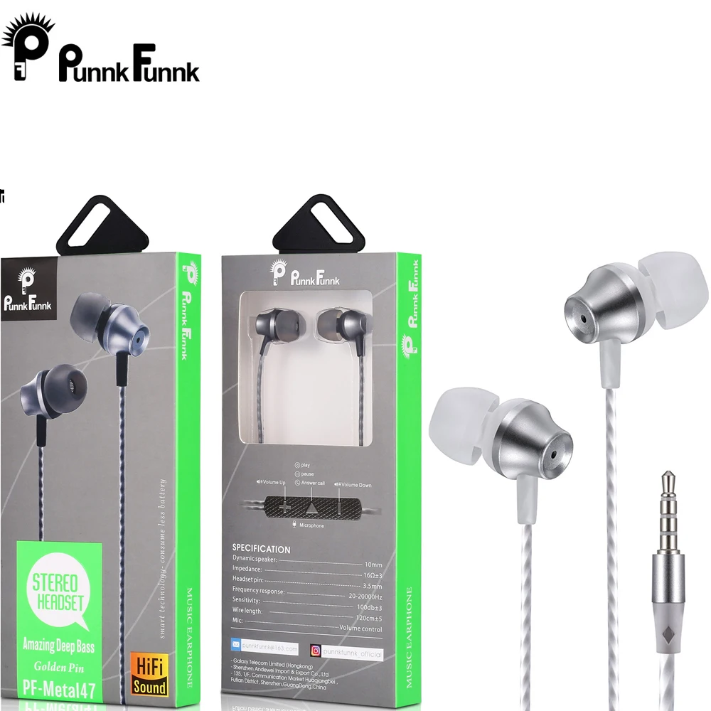 PunnkFunnk 1,2 M металлические проводные наушники, Экстра бас, стерео наушники в ухо, гарнитура с микрофоном, регулятор громкости для iPhone, samsung, huawei, LG - Цвет: Metal