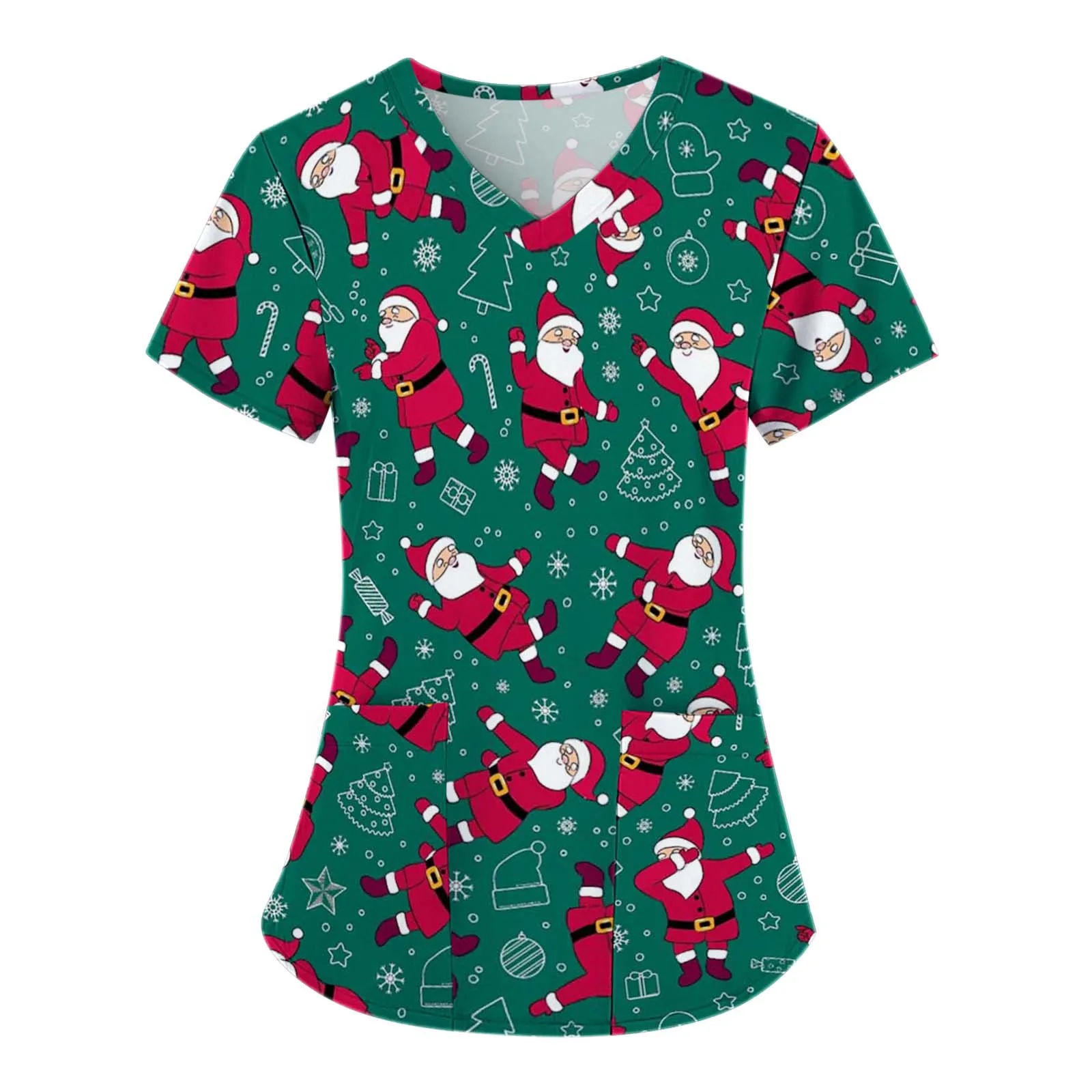 Lady Christmas Animal Print Medical Scrubs V-Neck Top Work Uniform Nurse Blouse 