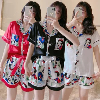 

2020 Summer Short Sleeve Silk Satin Comic Print Shorts Pajama Sets for Women Sleepwear Pyjama Homewear Pijama Mujer Home Clothes
