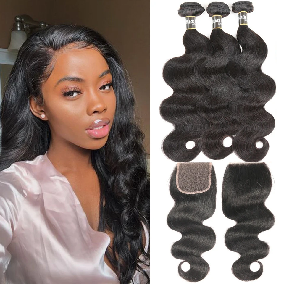 Ondulados mechones de pelo negro perla con cierre, cabello humano Remy, 3 mechones con cierre, extensiones de pelo ondulado mechones brasileños