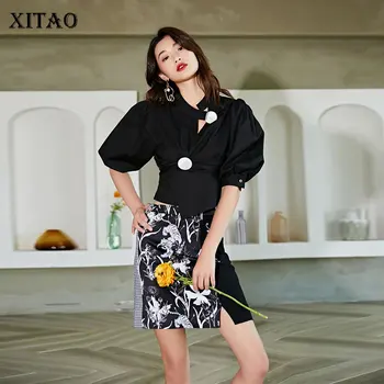 

XITAO Niche Design Solid Drawstring Blouse Pleated Hollow Out Stand Puff Sleeve 2020 Summer Small Fresh Women Shirt DMY4978
