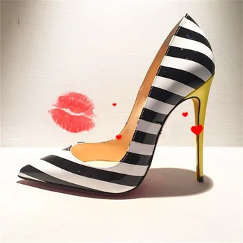 

Sexy Black And White Strip High Heel Shoes Yellow Heels Pointed Toe Sky High Heel Wedding Shoes Plus Size Women Pumps