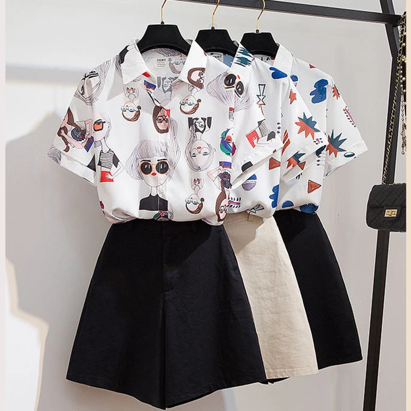 Big Size 40-200kg Fashion Cartoon Print Shirt Shorts Set for Women Summer Leisure Cozy Two-piece Clothing Sets Girl Short Sleeve