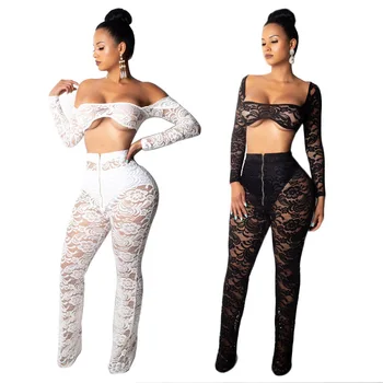 

Women Sexy Lace Two Piece Set Jumpsuit Sheer Hollow Out Off Shoulder Long Sleeve Crop Shirts Top Flare Pants Night Club Outfits