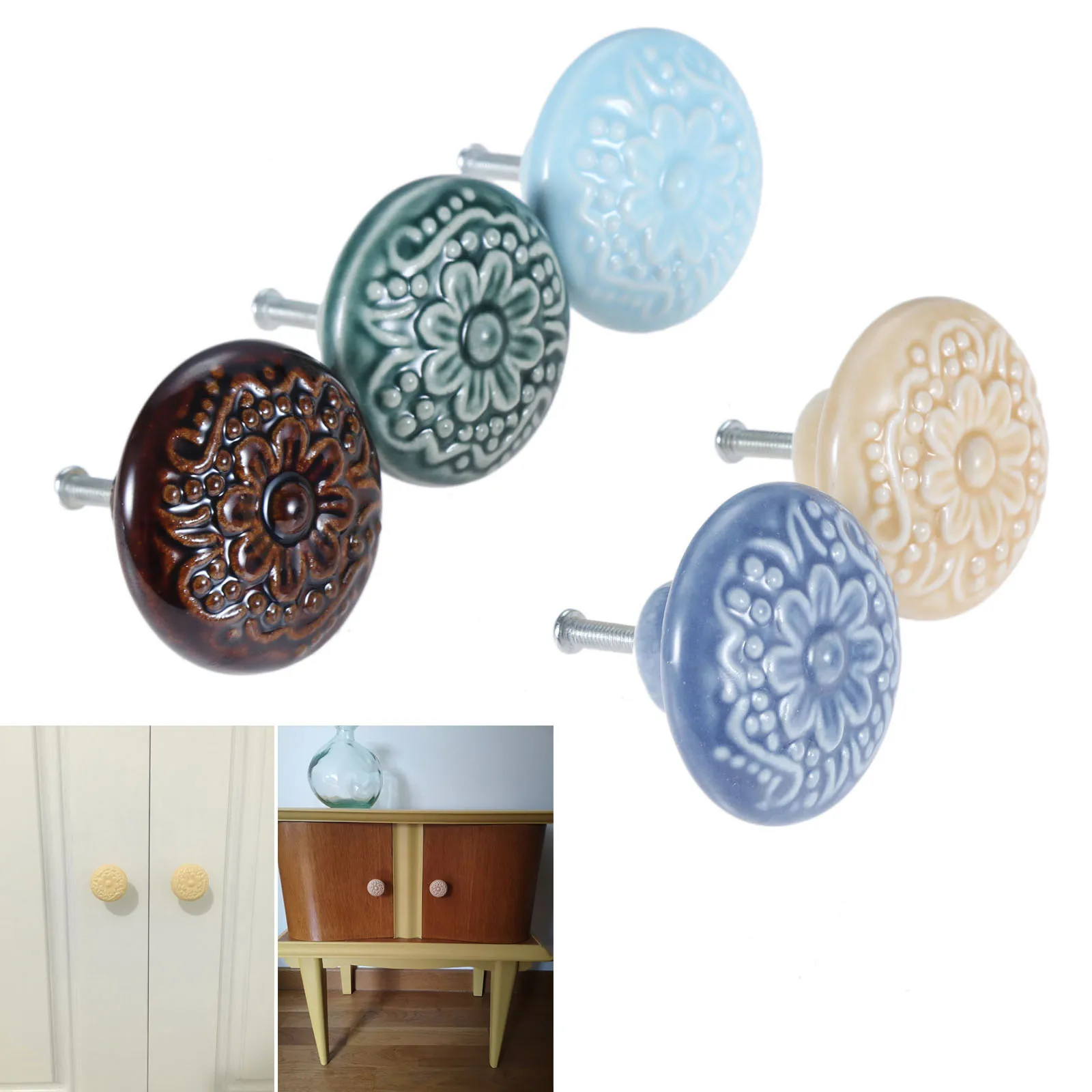 Furniture Knobs Painted Ceramic Ball Handle Cupboard Dresser Drawer Round Pull Decor Retro Kitchen Country Screw