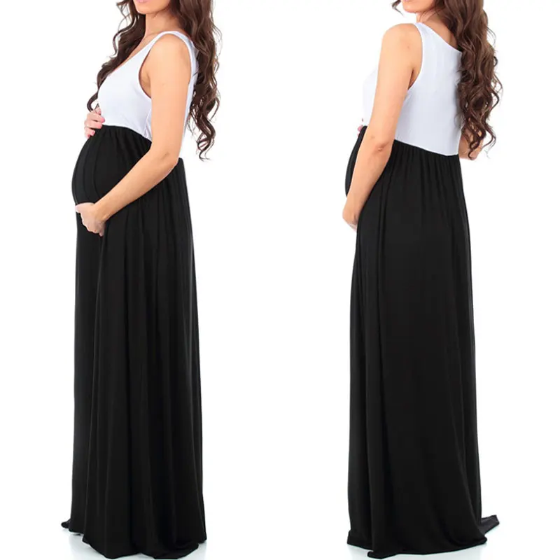 New Elegant Maternity Dresses Solid Color Round Neck Sleeveless Stitching Long Dresses Summer Maxi Dress Vestidos Nursing Dress