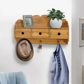 

Wall-Mounted Wooden Decorative Wall Shelf Sundries Storage Box Hanger Organizer Key Coat Rack Wood Wall Shelf with 3 Drawers