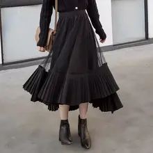 Шифоновая юбка, двухслойная, сетчатая, длинная, черная, плиссированная юбка, большая, Свинг, рыбий хвост, эластичная, высокая талия, модная женская юбка, Saia f2710