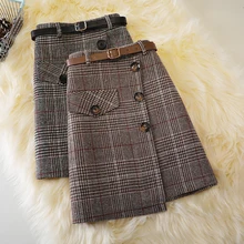 

Breasted Belt Woolen Short Skirt Women's Autumn And Winter New Style Plaid Skirt Large Size Was Thin Irregular Woolen Skirt
