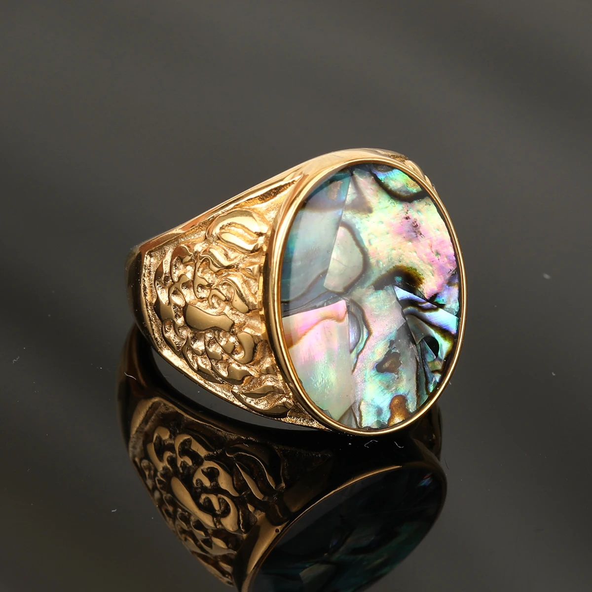Stainless Steel Ring Retro Natural Colored Shells For Men Women