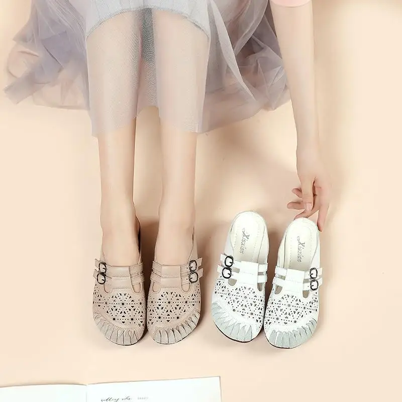 Female Genuine Leather Shoes Women Breathable Shallow Flats 2021 Summer Runway Fashion Leather Flats Big Size 41 42