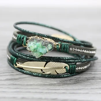 STRATHSPEY Green Leather Bracelets for Women Multilayer Druzy Bracelet Vintage Feather Charm bracelet Pulseras mujer 2020