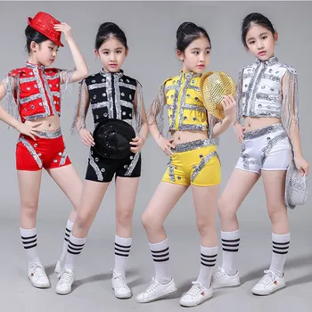 

2020 New red children's clothing boy hip hop dance jazz suit paillette clothing modern girl cheerleader clothing 4 color costume