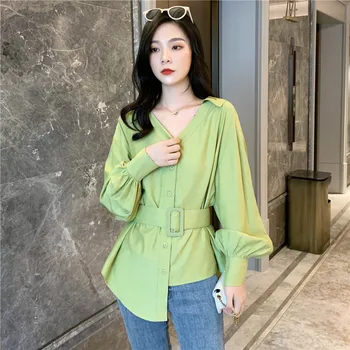 

COIGARSAM Chiffon Shirt Womens tops New Spring Loose High Waist Women shirts White Black Avocado Green 873
