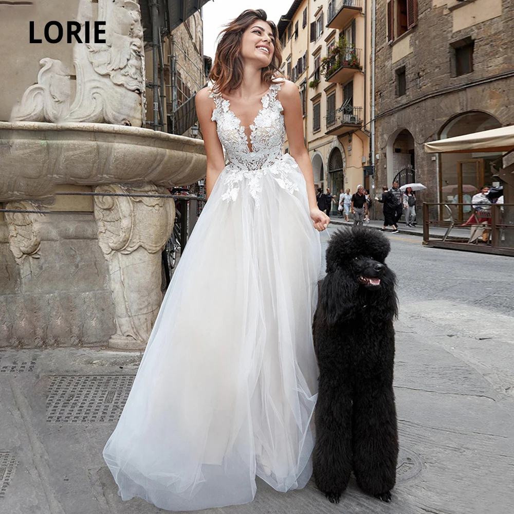 

LORIE Wedding Dresses Lace 2020 Tulle Appliques Boho Bridal Gowns Sleeveless V-neck Custom made Wedding Gowns Plus Size No Train