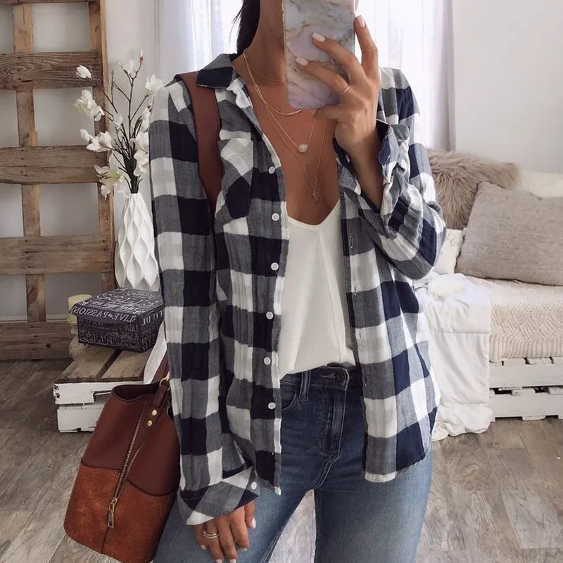  Womens Tops And Blouses Blue White Plaid Tops Fall Clothing Long Sleeve Shirts Turn-down Collar Cas