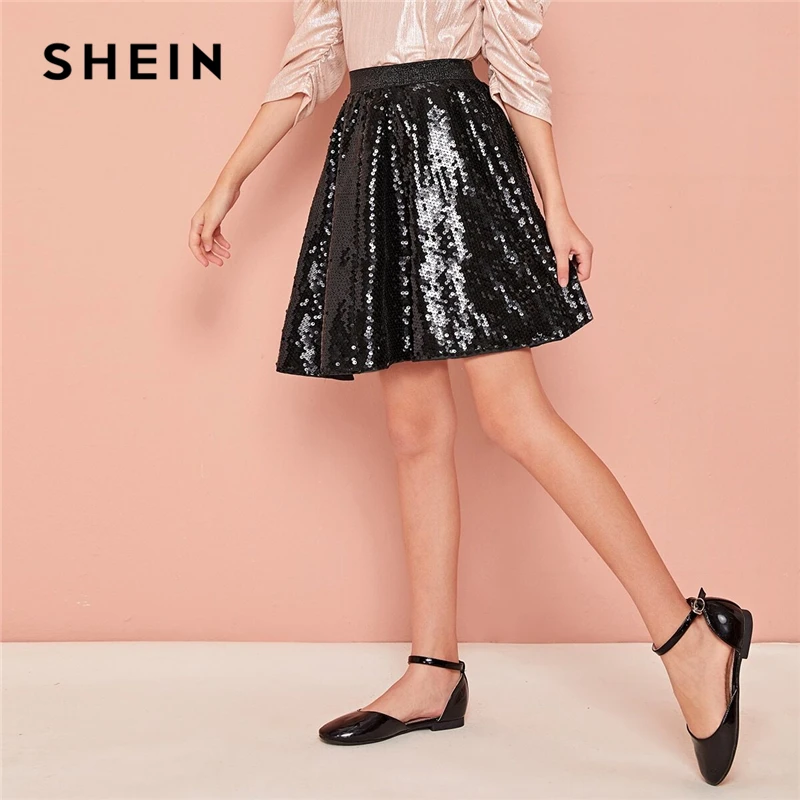 

SHEIN Kiddie Black Solid Sequins Skater Girls Glamorous Skirt Kids Bottoms 2020 Spring High Waist Children Flared Mini Skirts
