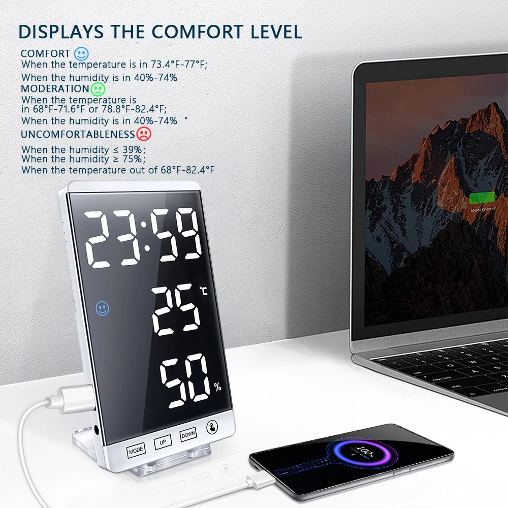 6 colių LED veidrodinis žadintuvas, jutiklinis mygtukas, sieninis skaitmeninis laikrodis, laiko temperatūros ir drėgmės ekranas, USB išvesties prievadas, stalo laikrodis_voghion.com