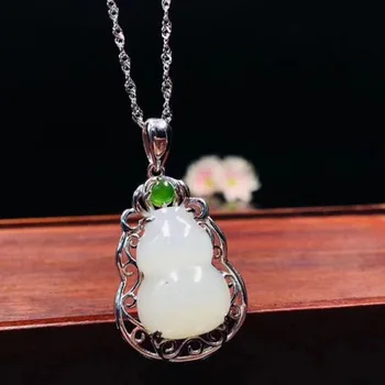 

Natural Hetian Jade Gourd Pendant Drop Enchase Hand-carved Green Stone Lucky Amulet FuLu Pendant Necklace For Women Men Jewelry
