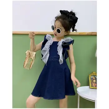 

Children denim princess dress girls mesh patchwork dress kids ruffles cowboy dress teenage clothes 4-14Y ws1678