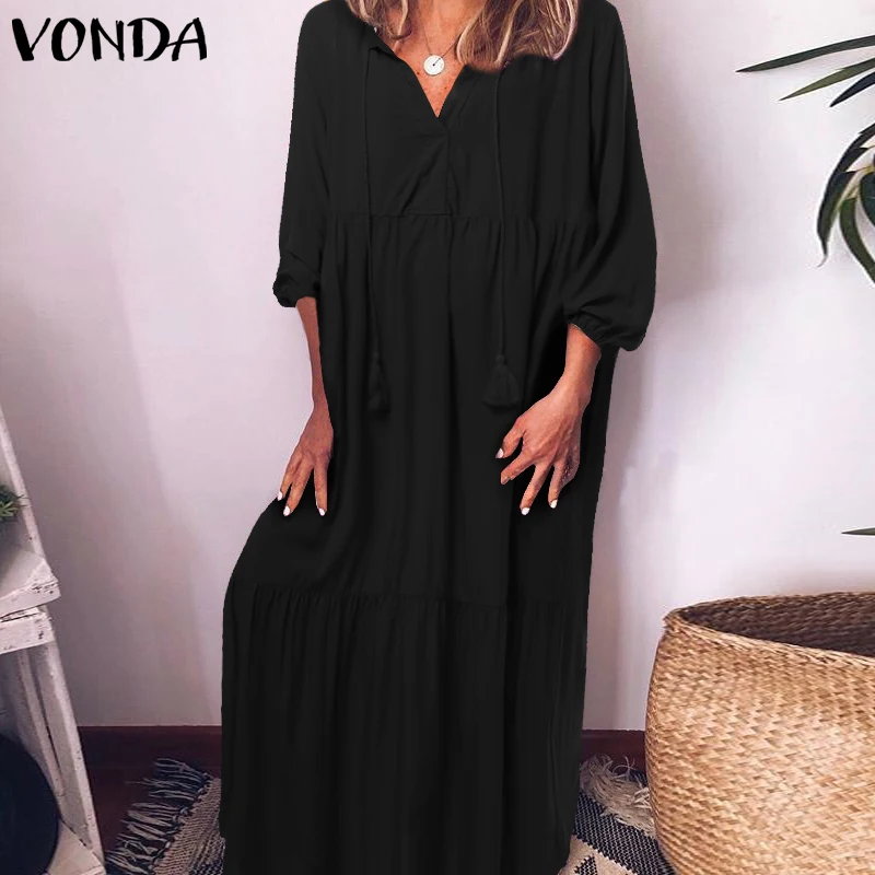 

VONDA Women Dresses 2019 Long Sleeve V Neck Holiday Ruffled Dress Casual Loose Pleated Maxi Long Sundress Maternity Robe Femme