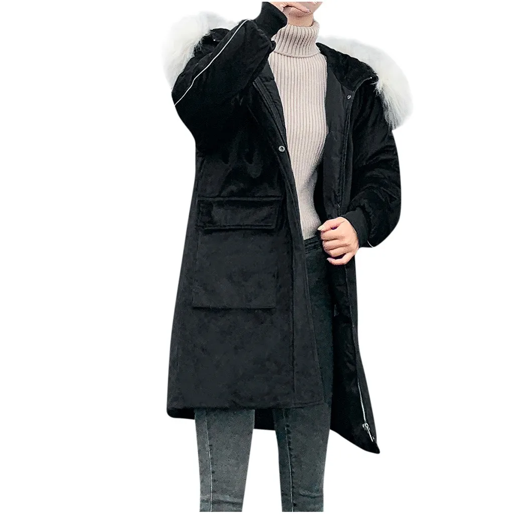Black Пальто 2019Top новая популярная женская модная верхняя одежда Длинные куртки с хлопковой подкладкой пальто с капюшоном из замши с карманами для Manteau Femme Hiver - Цвет: Black