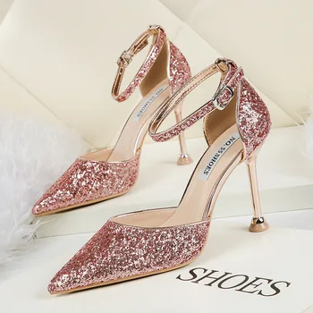 

2020 New Summer Women Ankle Strap Sandals High Thin Heel Pointed Toe Bling Bridal Wedding Women Shoes Gold Sexy Ladies Sandals